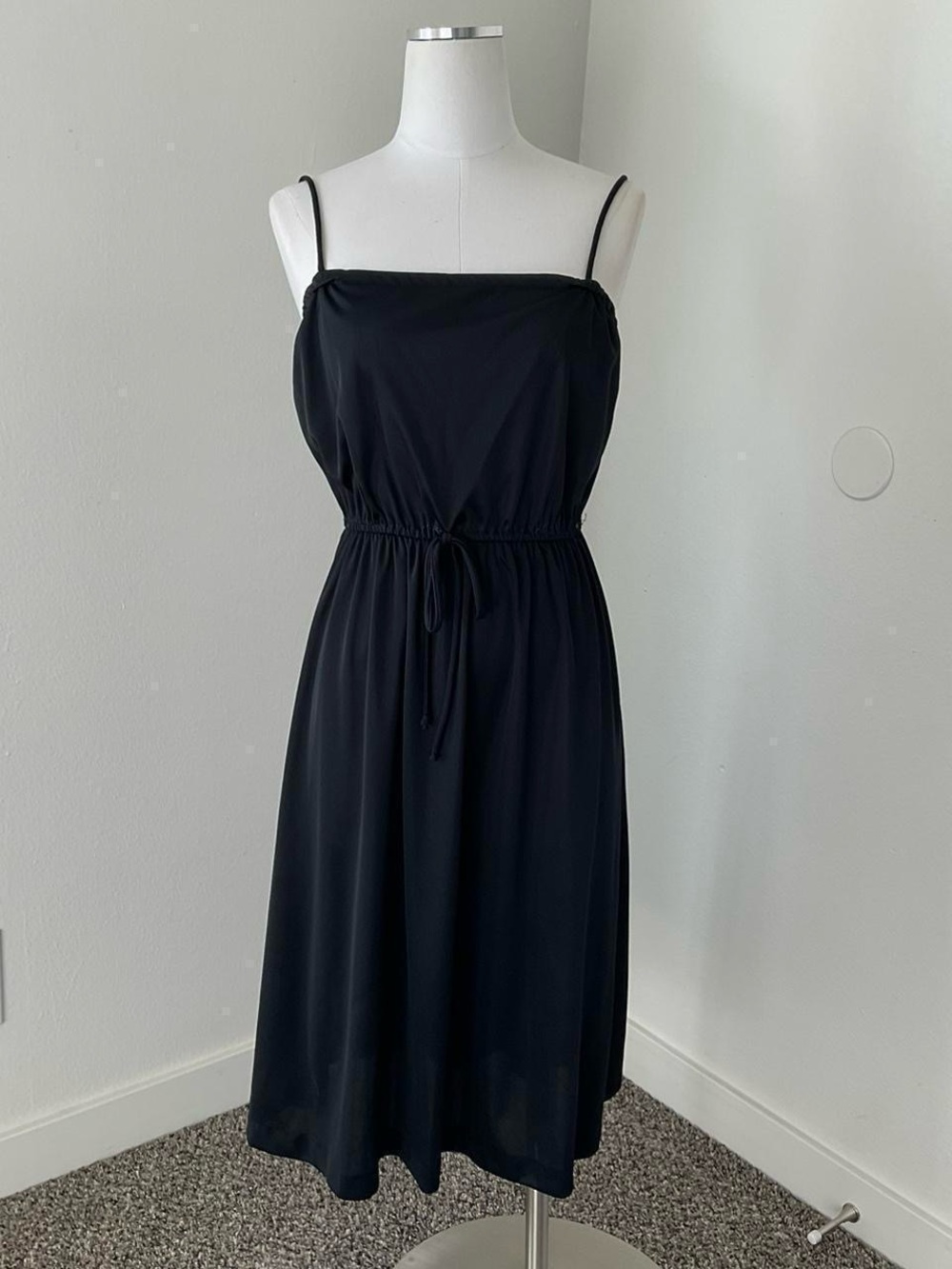 Vintage 70s BlackBoho Black Spaghetti Strap Dress with Drawstring Waist